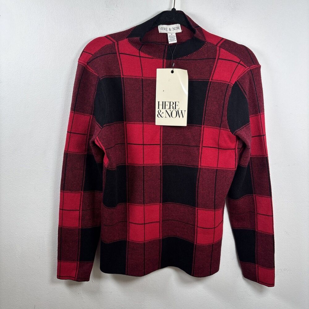 Here & Now Plaid Sweater Womens M Red Black Buffalo Check Knit Mock Neck NWT
